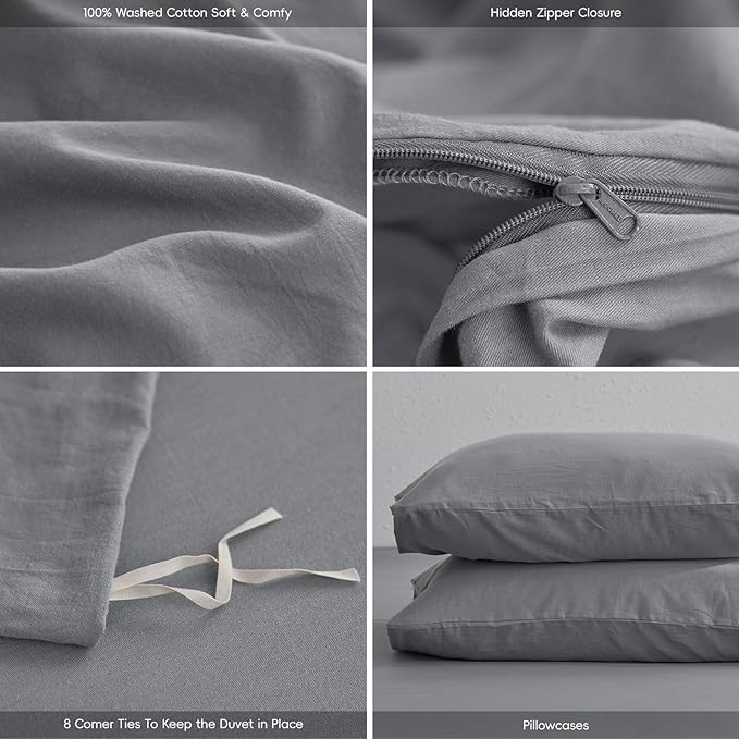 MooMee King Duvet Cover Set, 100% Washed Cotton Linen Like Twill Thick Sturdy Material Super Soft Breathable Durable Bedding for All Season, 3 Pieces (Polar Grey, King 104"x90")
