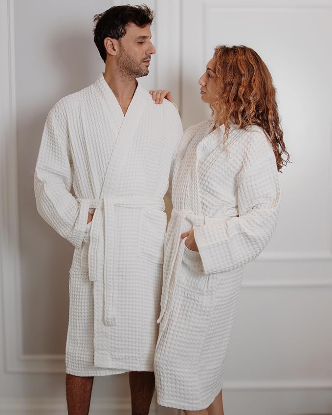 100% Cotton Waffle Kimono Bathrobe for Men & Women, Cozy Leisurewear with Functional Pockets, Comfortable Robe for Relaxation