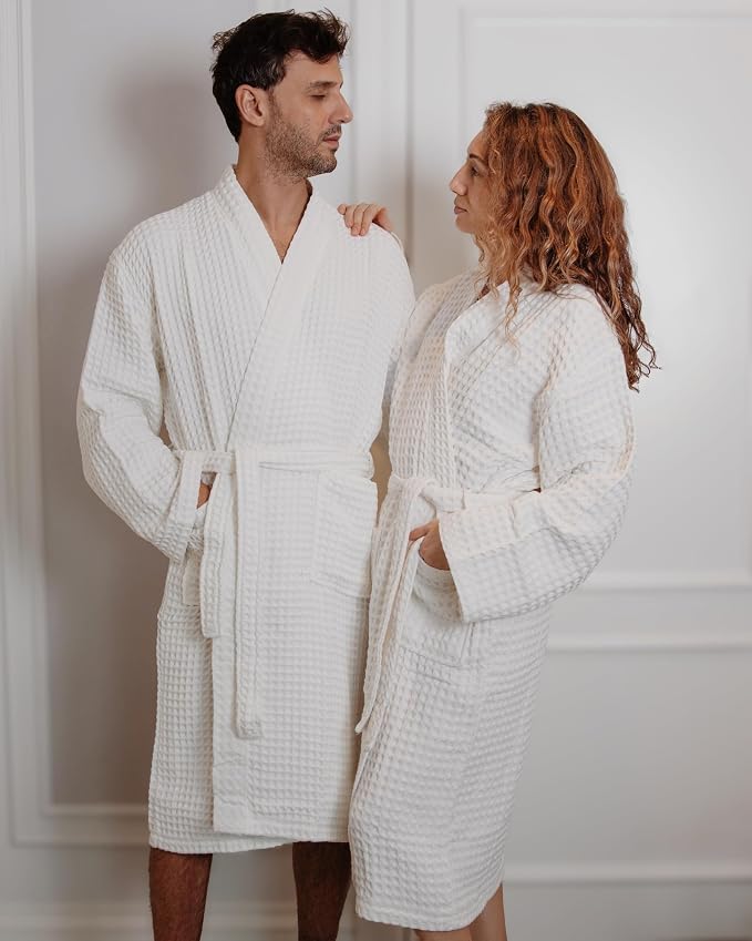 100% Cotton Waffle Kimono Bathrobe for Men & Women, Cozy Leisurewear with Functional Pockets, Comfortable Robe for Relaxation