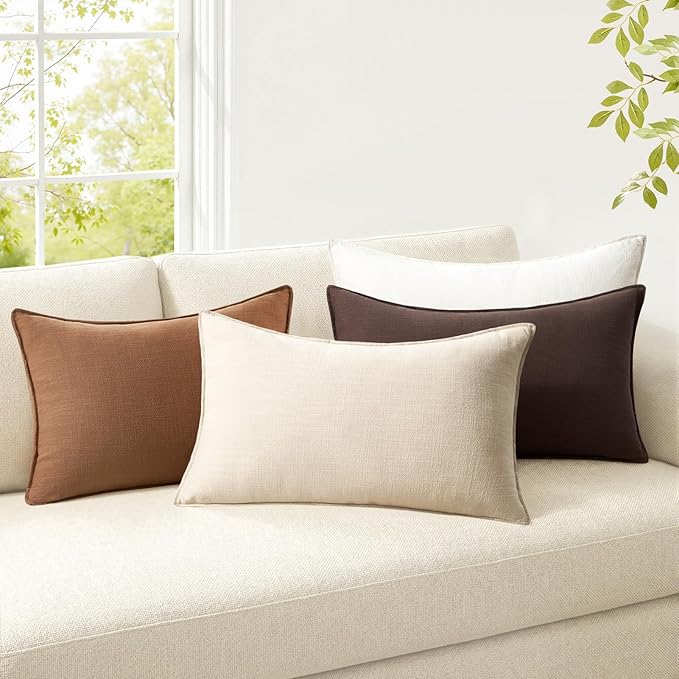 Pack of 4 Linen Pillow Covers Farmhouse Throw Lumbar Pillow Covers Soft Accent Rustic Gold Brown Cushion Case 12x20 Inch Rectangle Pillowcase for Couch Sofa Bedroom Living Room