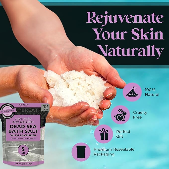 Aromasong Pure Dead Sea Salt for Soaking with 100% Natural Lavender, 5 LB - Spa Bath Salt Fine Grain - Body Wash Scrub - Soak for Women & Men- Bulk Resealable Pack (Packaging May Vary)