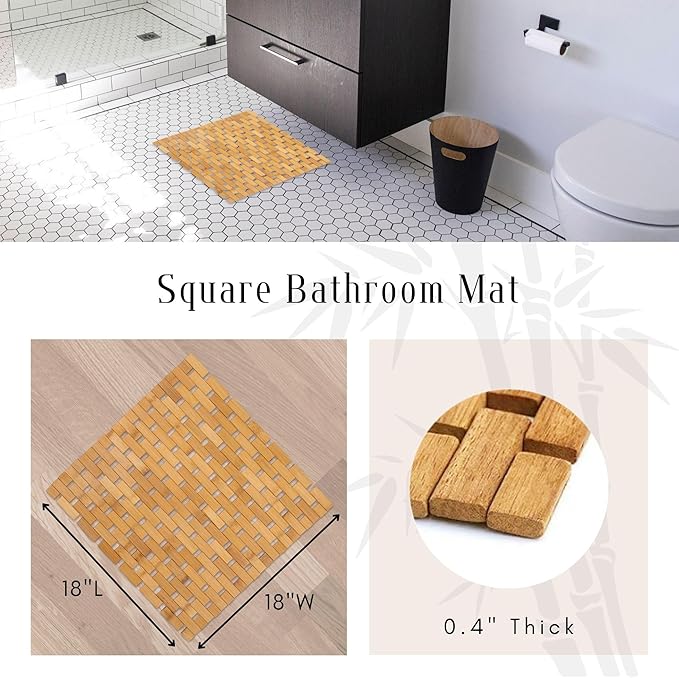 EVIDECO French Home Goods Square Natural Bamboo Bathroom Mat - Non Slip Bath Mat - Perfect for Shower, Spa, Sauna and Bathroom Decor - Foldable Duckboard, 18 x 18 inches, Light Brown