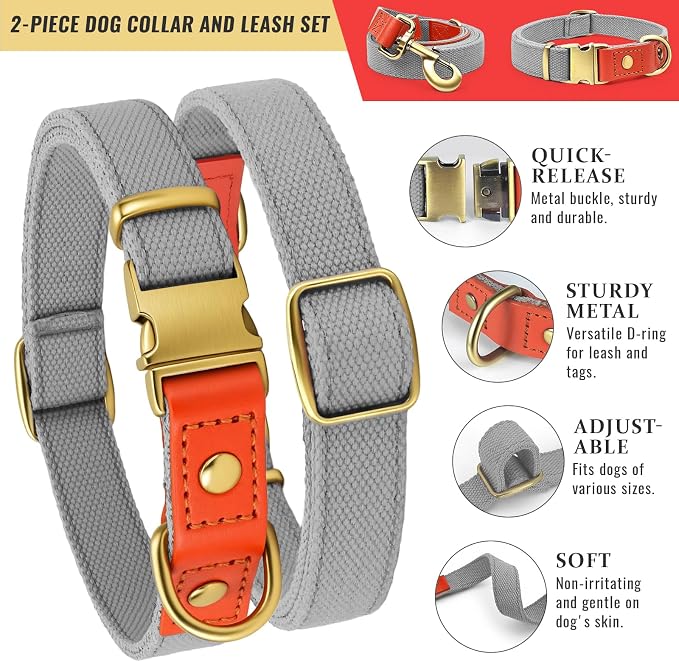 Dog Collar and Leash Set with Metal Quick Release Buckle, Adjustable, Breathable Nylon, Durable, Soft and Comfortable, No Pull for Walking and Training, Silver-Gray, L (14.9"-22.8")
