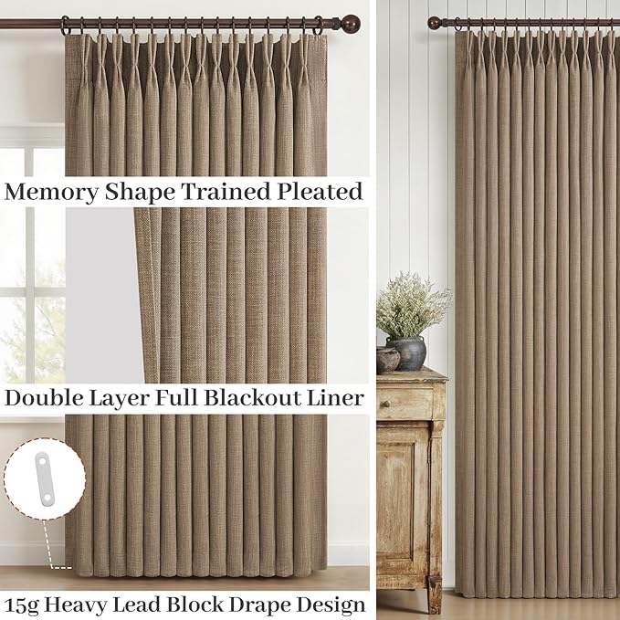 Blackout Double Layer Thick Linen Curtains 108 Inches Long for Sliding Glass Doors, Rust Brown Memory Trained Pinch Pleated Insulated Noise Reducing Elegant Window Curtain & Drapes 2 Panels 9FT Length