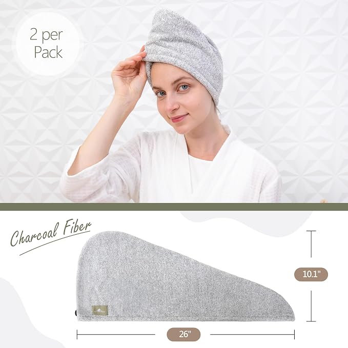 myHomeBody Hair Towel Wrap, Quick Drying Turban, Absorbent Cap – 2 Pack | Hair Turban Towel for wet hair, Ultra Soft Charcoal Fiber Cap, Towel Head Wrap for bathing with Coconut Shell Button