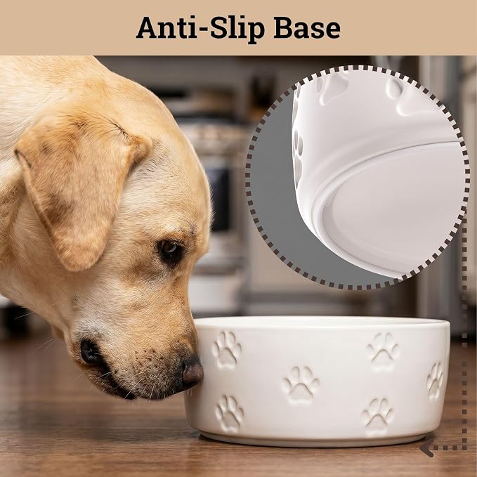 Ceramic Dog Bowl Set of 2 with Anti-Skid Base - 7.5" Wide x 3" Tall Ceramic Dog Bowls for Large Dogs - 6 Cup Capacity Food and Water Bowls for Dogs - Rubber Bottom Pet Bowl Set of 2 for Large Pets