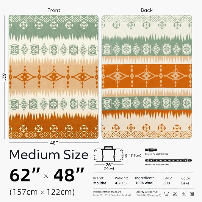 Molithe 100% Wool Blanket, 62" x 48", Warm, Thick, Washable, Military | Great for Camping, Outdoors, Sporting Events, Survival Kits Lake