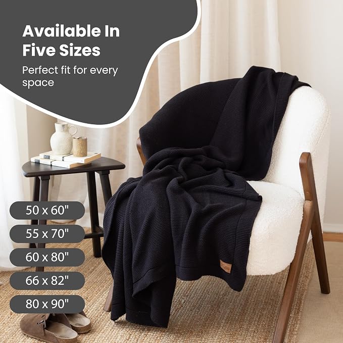 Dalisa 100% Organic Turkish Cotton Throw Blanket - GOTS Certified, Cozy - Perfect for Couch, Bed, and Home Decor - Boho Vintage Knit Alina (Black, 50x60)