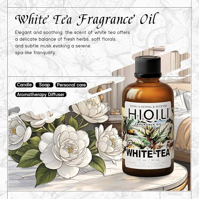 HIQILI White Tea Fragrance Oil for Reed Diffuser for Home - 1 Fl Oz | Hotel Collection Diffuser Oil, Long-Lasting Scent, DIY Candle & Soap & Perfume & Air Freshener Spray, Dropper Included