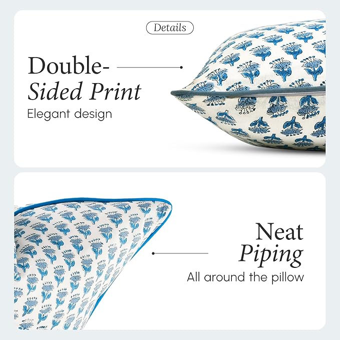 CPC 100% Cotton Throw Pillow Covers 18x18 Inch, Set of 2 Blue Block Print Pattern Couch Pillow, Cute Boho Decorative Pillows for Living Room, Bedroom with Hidden Zipper- Apatite Blue
