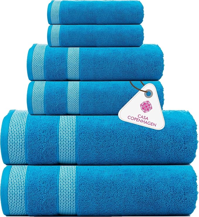 CASA COPENHAGEN Solitaire 6Pcs 100% Egyptian Cotton Large Designer Towels Gift Set- Teal, 600GSM, 2Bath 2Hand 2Washcloths, Bath Towels for Bathroom Set for Women & Men