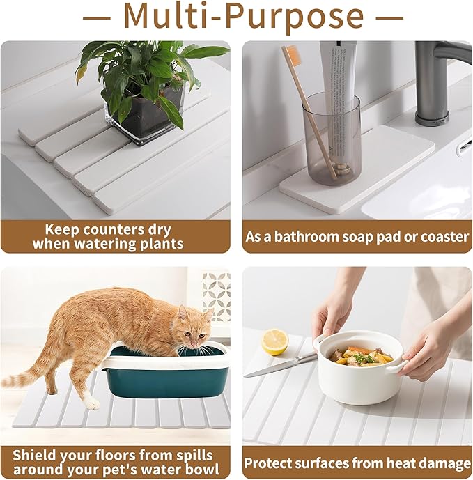 2PCS Large Stone Dish Drying Mat for Kitchen Counter, Fast Dry Diatomaceous Earth Mat – Foldable Stone Mat for Dishes, Utensils, Soap Dish – Non-Slip & Heat Resistant – (23.6"×15.3" & 8"×4") – White