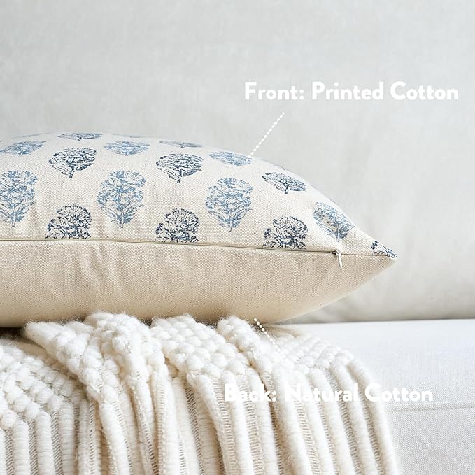 FIOUOVO Floral Vintage Throw Pillow Covers 18x18 Pillow Cover Block Print Decorative Cushion Covers Farmhouse Neutral Accent Home Décor for Sofa Couch Living Room Bedroom, 1PC, Aqua Blue