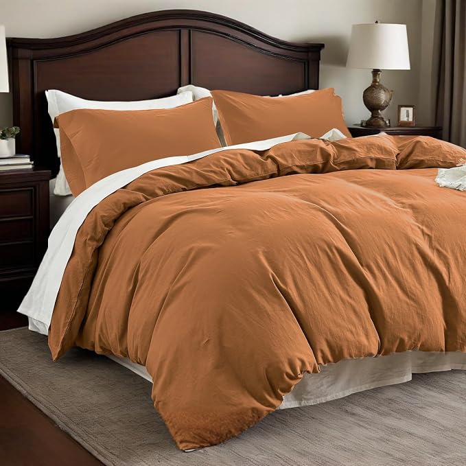 QKTE French Linen Duvet Cover Set, 3 PCS Natural French Flax Rust Duvet Cover King Size, Breathable Soft Comfy Linen Bedding Comforter Cover with 2 Pillowcases(Rust, 104" x 92")