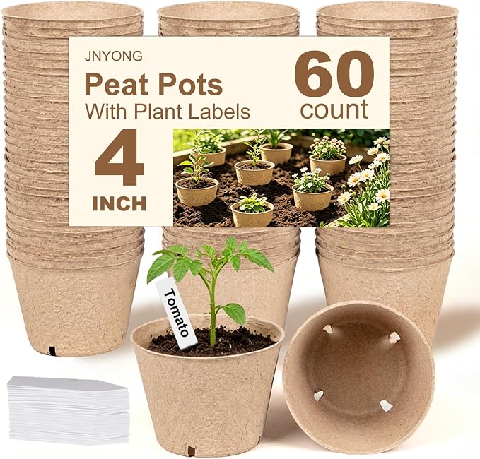JNYONG 60 Packs 4 Inch Peat Pots,Biodegradable Pots for Seedlings with Drainage Holes, Garden Germination Nursery Pots with 50Pcs Plant Labels
