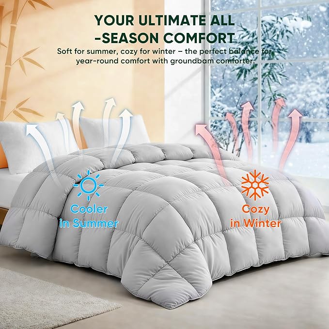 Cooling All-Season Down Alternative Comforter, Silver-Treated Lightweight Duvet Insert, Cool-to-The-Touch Bamboo Comforter, 100% Bamboo Viscose Outer Cover - Gray, Caking