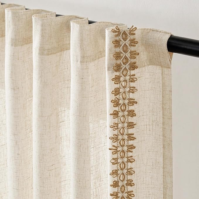 jinchan Beige Linen Blend Curtains with Woven Trim Boho Curtains 96 Inches Length 2 Panels for Living Room Bedroom Light Filtering 50 Inches Wide Rustic Farmhouse Drapes with Rod Pocket Back Tab Ecru