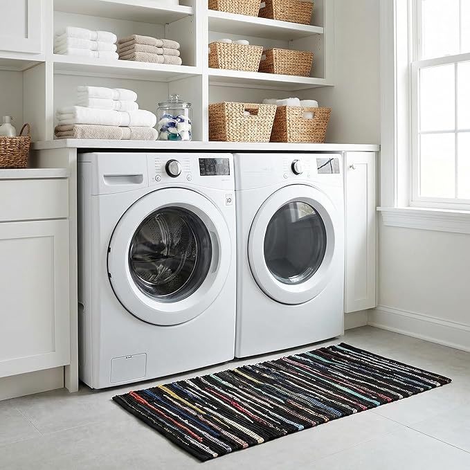 Cotton Hosiery Hand Woven Area Rug 2x3 Feet - Dark Multi, Accent Decorative Farmhouse Reversible Throw Indoor Carpet Ideal for Entryway, Kitchen, Laundry | Black Small Soft Floor Mat for Nursery