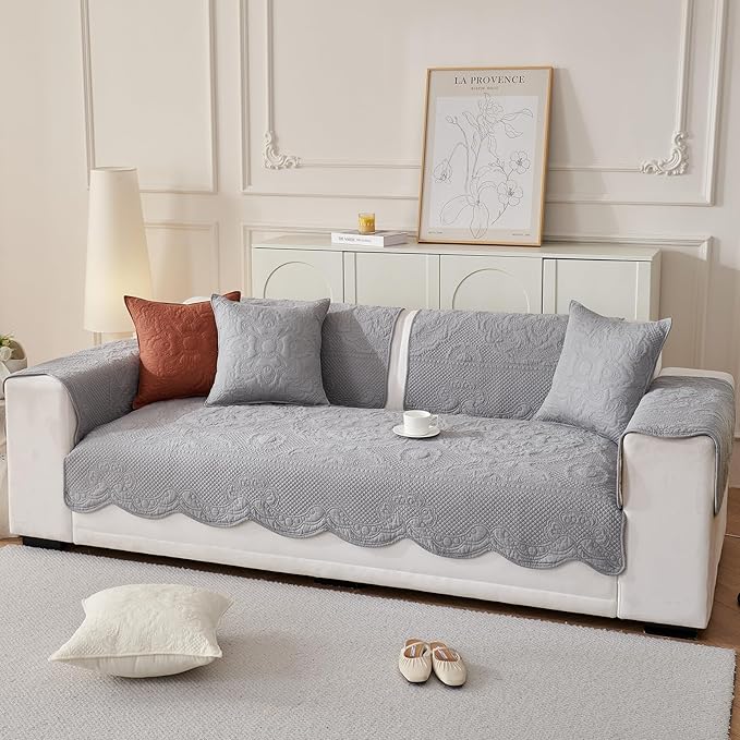 vctops Boho Cotton Quilted Couch Cover Soft Embroidered Sofa Cover Non-Slip Dog Bed Cover Scalloped Sofa Slipcover Washable Furniture Protector Cover (Light Grey,28"x59")