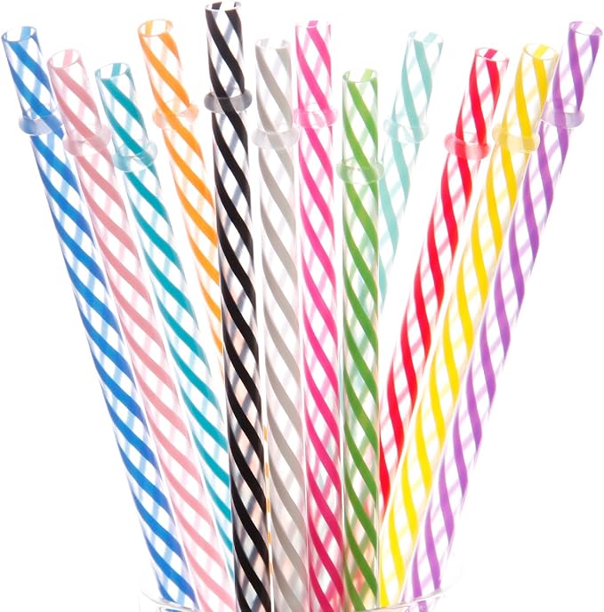 Dakoufish 12 Piece 13 Inch Reusable Plastic Thick Drinking Straws BPA Free Mason Jar Straws Transparent Small Stripe (13inch, Mix 12color)