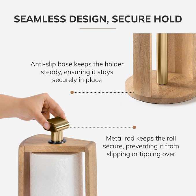 Anji Mountain Wooden Paper Towel Holder with Iron Holder, Holder Stand for Kitchen Roll Organizer & Kitchen Dining Table Home Décor, Countertop Fits Jumbo & Mega Rolls - Mango/Gold, Top Load