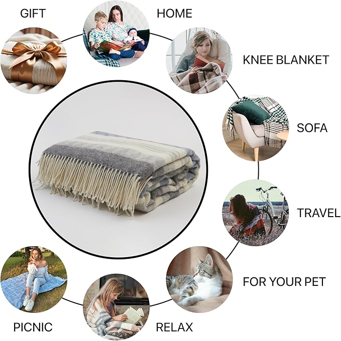 | Wool Blanket/Throw | 100% New Zealand Wool | Perfect for Home and Outdoors | Virgin Wool Throw with Fringes 75"x87" (190 x 220 cm)