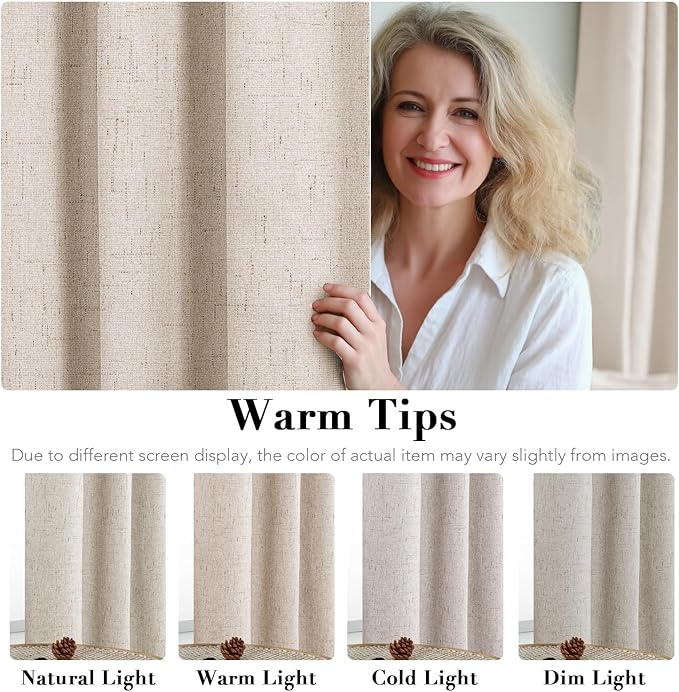 H.VERSAILTEX Blackout Curtains Linen Curtains 120 inches Long 100% Black Out Curtains for Bedroom Windows, Textured Linen Look Draperies Grommet with White Liner, 2 Panels, Natural