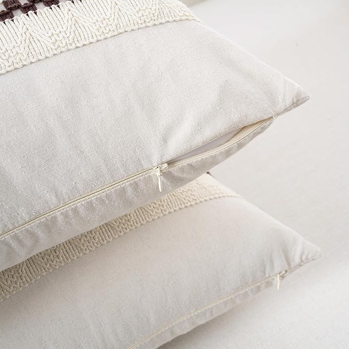 Fancy Homi Set of 2 Boho Brown Decorative Throw Pillow Cover 18x18 Inch for Couch Bed Sofa, Aesthetic Modern Organic Farmhouse Home Decor, Soft Cotton Cute Accent Macrame Woven Cushion Case