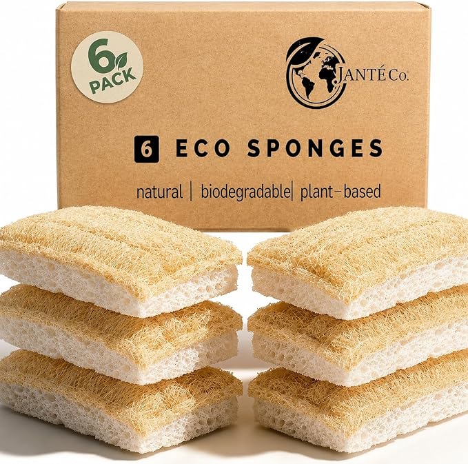 Natural Loofah Dish Sponges by Janté Co. (6-Pack) - Kitchen Sponges | Authentic Natural Loofah - Cotton Stitched - No Synthetic Glue - Air Dry Design - FSC Sourced Cellulose