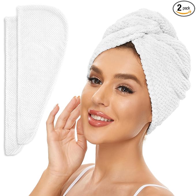 SimpleField 2 Pack Microfiber Hair Towel Wrap for Women, Anti Frizz Quick Drying Hair Turban for All Hair Style, Absorbent and Lightweight (Bright White)