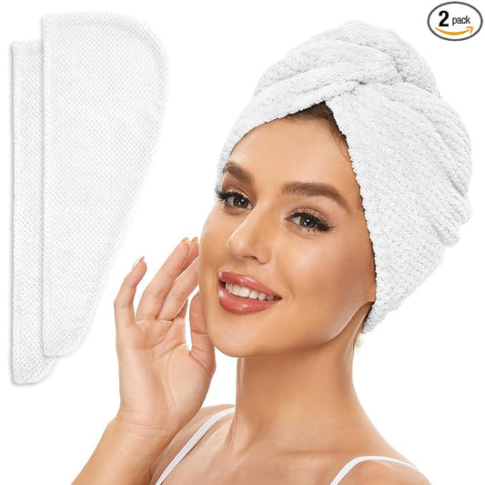 SimpleField 2 Pack Microfiber Hair Towel Wrap for Women, Anti Frizz Quick Drying Hair Turban for All Hair Style, Absorbent and Lightweight (Bright White)