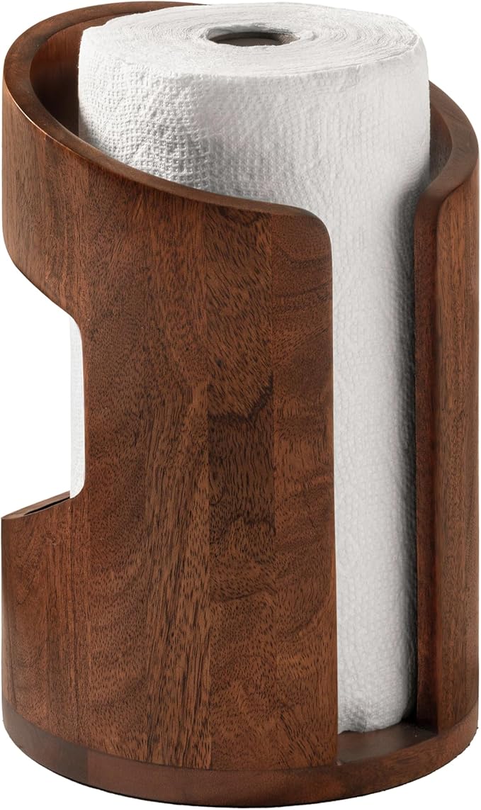 Anji Mountain Wooden Paper Towel Holder Countertop with Mango Wood Round Base and Iron Holder, Holder Stand for Kitchen Roll Organizer & Kitchen Dining Table Home Decor - Walnut/Black, Arc Hold