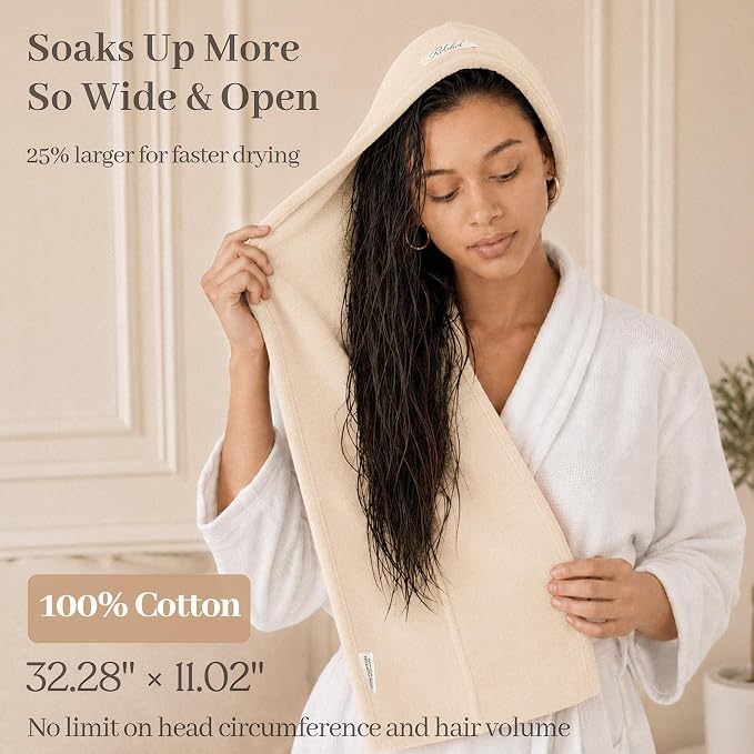 ROLSHOL Cotton Hair Towel Wrap for Women, 2 Pack 100% Cotton Hair Drying Towels for Long, Thick & Curly Hair, 32" x 11" Large Hair Turban for Wet Hair with Elastic Band (Apricot)