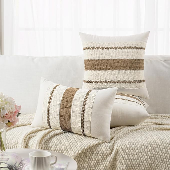 Fancy Homi Set of 1 Boho Light Brown Long Lumbar Decorative Throw Pillow Cover 12x24 Inch for Couch Bed Sofa Chair, Modern Organic Farmhouse Home Decor, Soft Cotton Cute Accent Rectangle Cushion Case