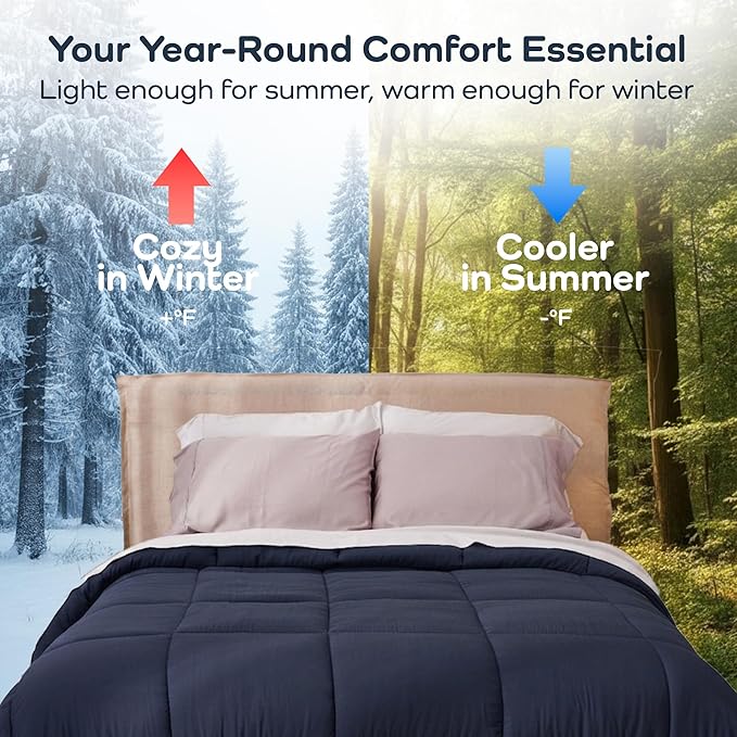 Olive + Crate Cooling Down Alternative Comforter - Hypoallergenic King Size Duvet Insert Lightweight - All Seasons Plush Design Bamboo Comforter - 100% Bamboo Viscose Outer Cover, French Navy 102"x90"