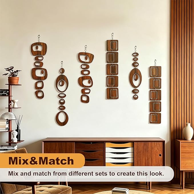 15PCS Retro Mid Century Modern Wall Art MCM Decor for Living Room Bedroom Kitchen Study, Walnut Wood Texture 16.5"x51.3"
