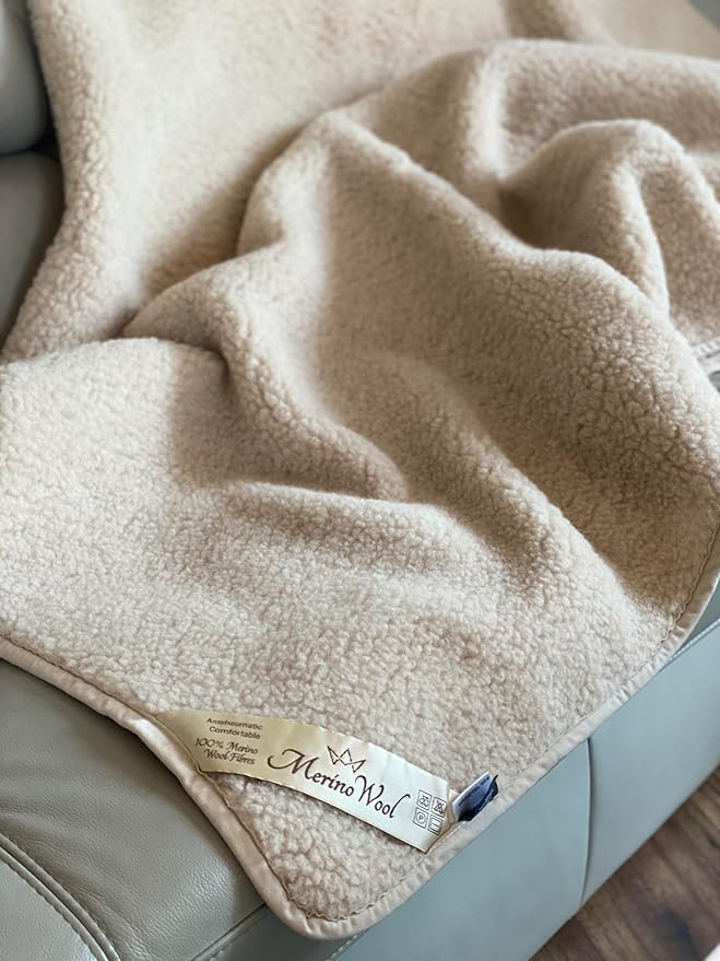 Merino Wool Bedding Blanket/Big Throw Wool Blanket 98" x 79" Beige Blanket Woolmark