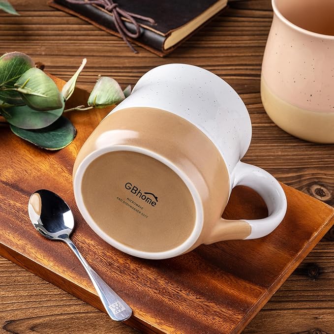 GBhome Ceramic Coffee Mugs Set of 2, 24oz Handmade Large Coffee Mugs Set with Terracotta Underside for Latte/Tea/Beer/Hot Cocoa/Cappuccino/Soup Dishwasher & Microwave Safe-light Beige &White