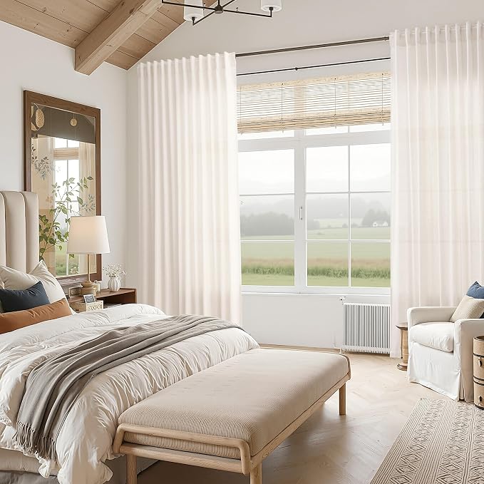 Ivory White Linen Curtains 102 Inches Long for Living Room 2 Panels Back Tab Pocket Natural Semi Sheer Extra Long Drapes Linen Soft Material Light Filtering Window Panel for Bedroom Curtain 52X102