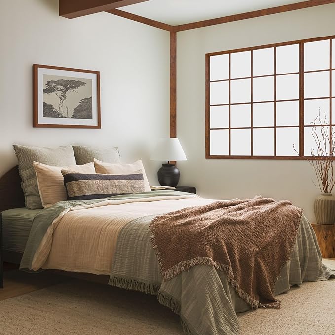 Zen Full Sheet Set, Sage Green 100% Cotton Gauze 4-Pc. Sheet Set, Oeko-TEX Certified Full Sheets, with Flat Sheet, Fitted Sheet and 2 Pillowcases, Earth Tone Bedding
