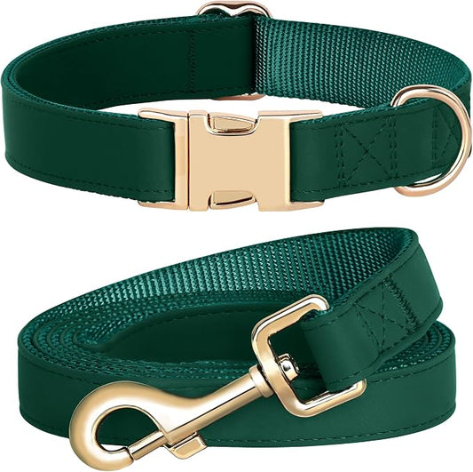 PET ARTIST Soft PU Leather Dog Collar and Leash Set, Bright & Stylish 5FT PU Leather Leash and Collar Set, Durable Pet Collars with Quick Release Metal Buckle for Large Dogs,Christmas Green,L(16-27")