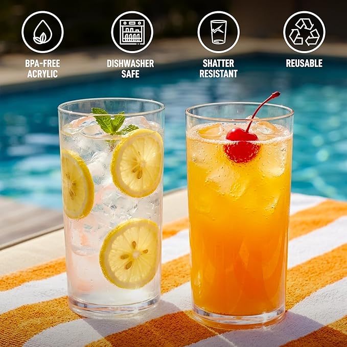 Zulay Kitchen Plastic Drinking Glasses (Set of 8) – 16oz Acrylic Shatterproof Water Cups for Home, Kitchen & Outdoors – Crystal Clear Glass Look – BPA & Lead-Free – Top-Rack Dishwasher Safe