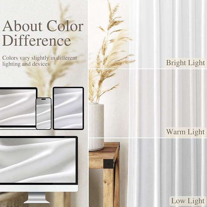 White Linen Curtains 108 Inches Long 2 Panels Set Back Tab Rod Pocket Semi Sheer Cotton Textured Light Filtering Extra Long Curtain Farmhouse High Ceiling Curtains for Living Room 9Ft 42x108
