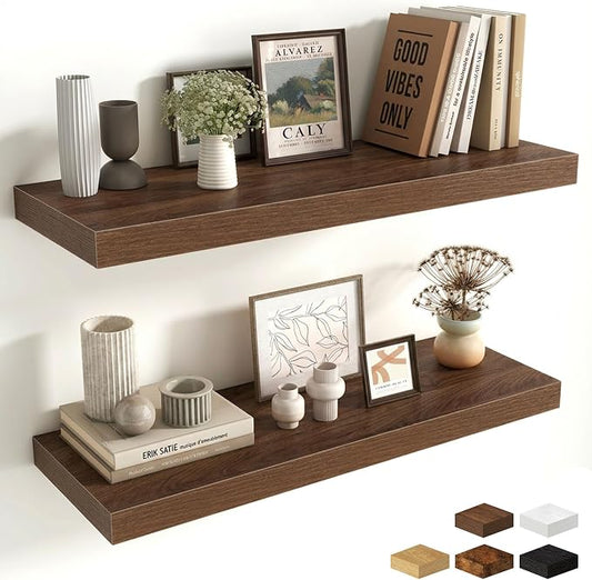 Fun Memories Floating Shelves for Wall, 30 Inch Long Floating Shelves Set of 2, 30 x 10 Wooden Shelves for Wall, Large Storage Shelves, Hanging Shelves for Bathroom Kitchen Bedroom, Walnut