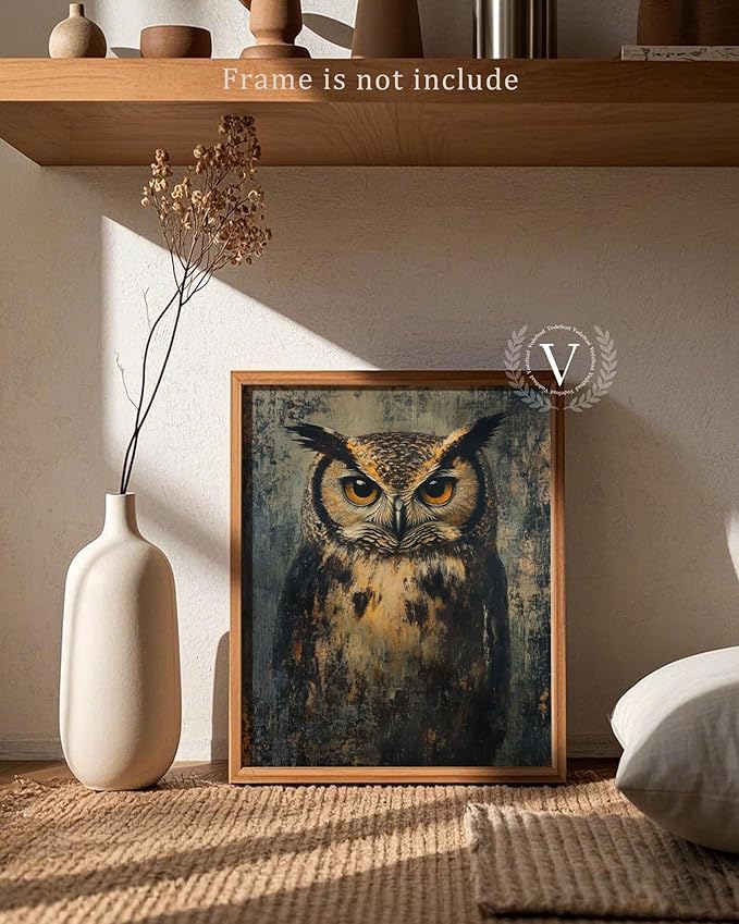 Vodefoad Vintage Dark Academia Owl Wall Art Decor, Retro Moody Rustic Bird Canvas Painting, Antique Dark Animal Gallery Wall Art for Bathroom Bedroom Home - 8x10Inch Unframe