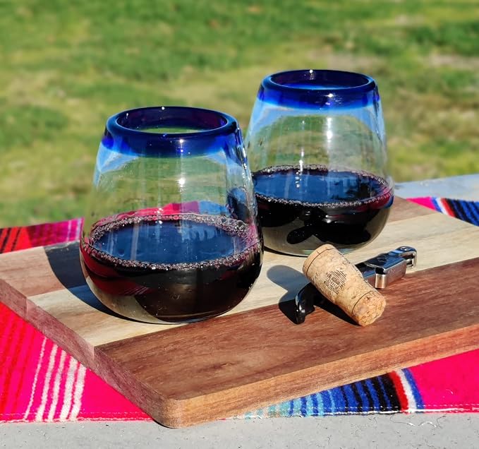 Dos Sueños Hand Blown Mexican Stemless Wine Glasses - Set of 6 Glasses with Cobalt Blue Rims (15 oz)
