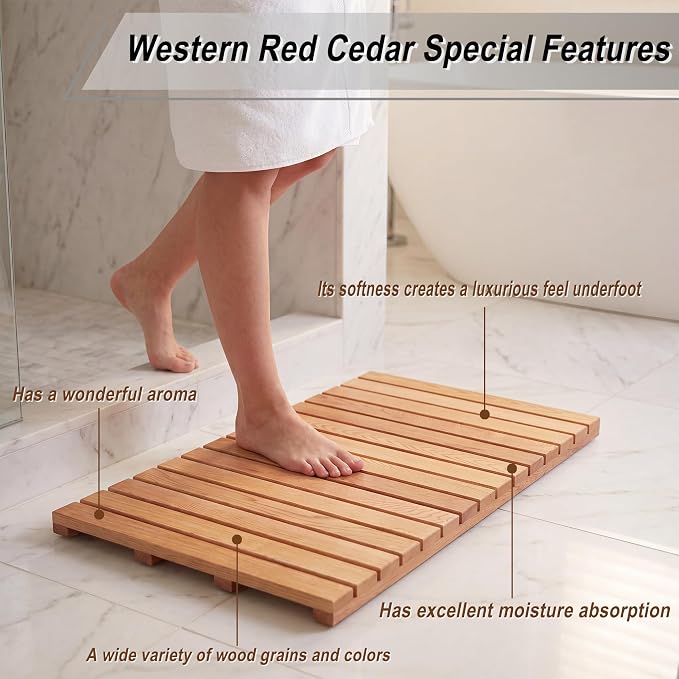bingaai Cedar Wood Bath Mat 36"×20", Cedar Wooden Bath Mats, Wood Shower Stall Mat Non-Slip for Bathroom Bathtub Spa Sauna Garden Home, Wooden Floor Mat Large for Indoor and Outdoor