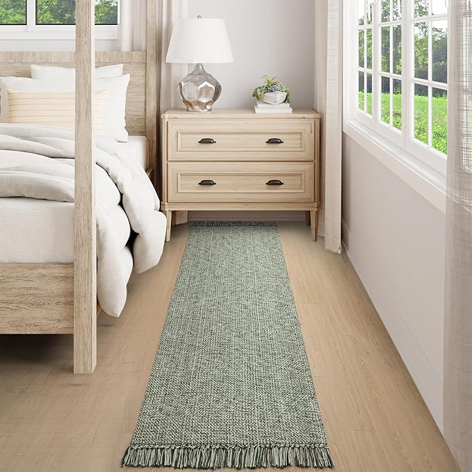 Collive Long Hallway Runner Rug 2.6' x 7', Washable Runner Indoor Entryway Rug, Olive Green/Cream Braided Woven Kitchen Runner Rugs Low-Profile Front Door Floor Carpet for Bedroom Doorway