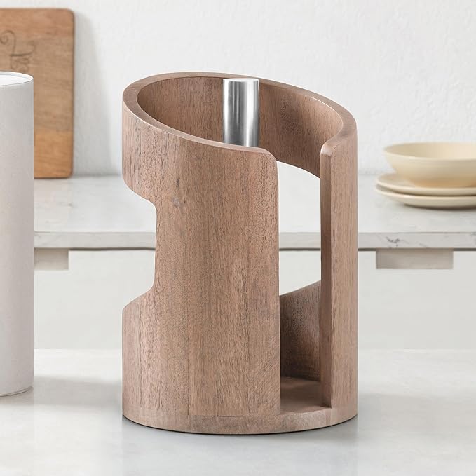 Anji Mountain Wooden Paper Towel Holder Countertop with Mango Wood Round Base and Iron Holder, Holder Stand for Kitchen Roll Organizer & Kitchen Dining Table Home Decor - Biscotti/Nickel, Arc Hold