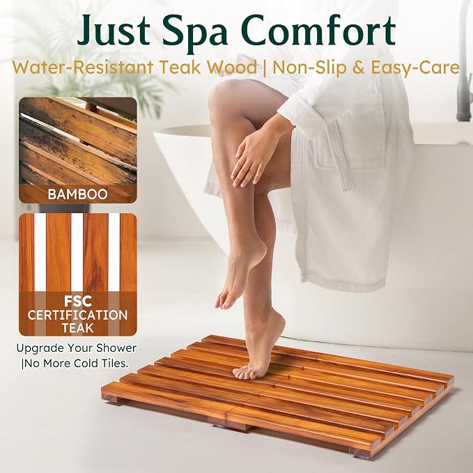 Premium Teak Shower Mat - 21" x 14" Non-Slip Wooden Bath Mat for Bathroom Floor, Fast-Drying Spa-Style Solid Wood Duckboard, Indoor & Outdoor Use
